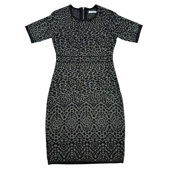 Calvin Klein Gray Animal Print Mix Pattern Knit Sweater Dress Short Sleeve Sz S - Picture 1 of 9